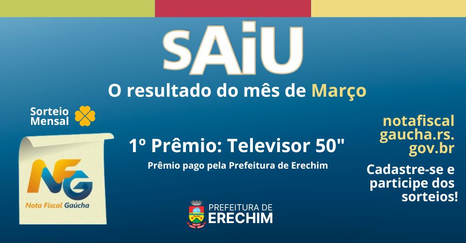 A Prefeitura de Erechim, por meio da Secretaria Municipal da Fazenda, divulgou a ganhadora do sorteio municipal do programa Nota Fiscal Gaúcha referente ao mês de março de 2026. A contemplada foi Geneci Antonia de Paula Rosa, que solicitou a inclusão do CPF na nota fiscal e participou do sorteio realizado no dia 2 de abril de 2026, concorrendo com mais de 403 mil bilhetes. A iniciativa integra as ações de estímulo à cidadania fiscal e à valorização dos consumidores que contribuem com a arrecadação tributária.