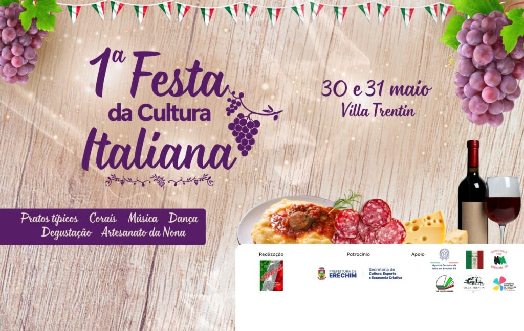 A cultura italiana, tão presente na história e na identidade de Erechim e região, será celebrada com música, dança, gastronomia e tradição durante a 1ª Festa da Cultura Italiana, que acontece nos dias 30 e 31 de maio, na Villa Trentin. O evento reúne atrações gratuitas abertas à comunidade na área externa do espaço, além de almoço e jantar típicos por adesão, organizados pela Villa Trentin.